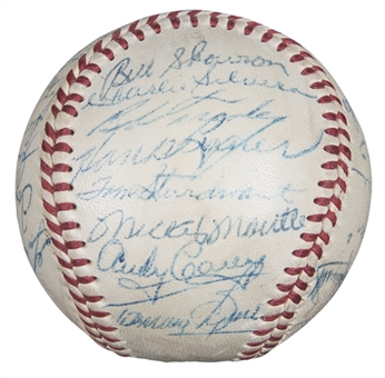 1956 World Champions New York Yankees Team Signed OAL Harridge Baseball With 28 Signatures Including Mantle, Berra, Rizzuto & Ford - No Clubhouse! (JSA)